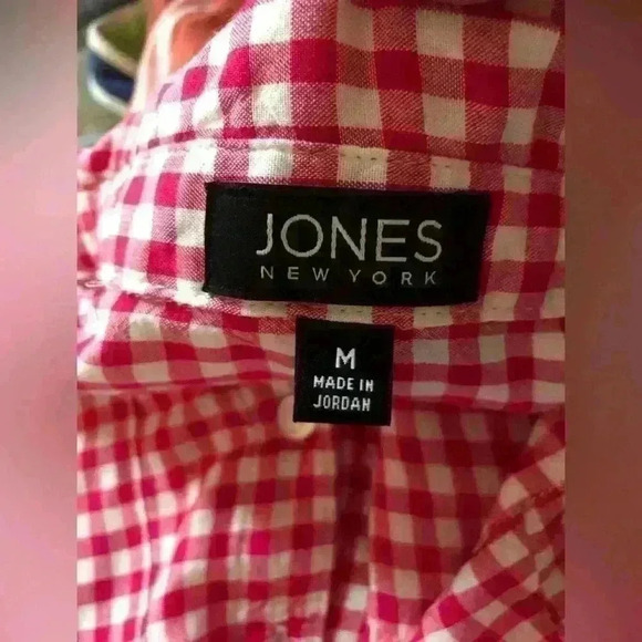 Jones white bright pink fuschia long sleeve plaid top front tie sleeve roll up - Picture 5 of 6